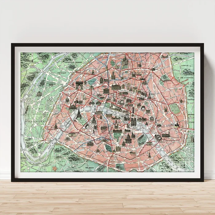 1920 tourist pocket map of Paris Art Print