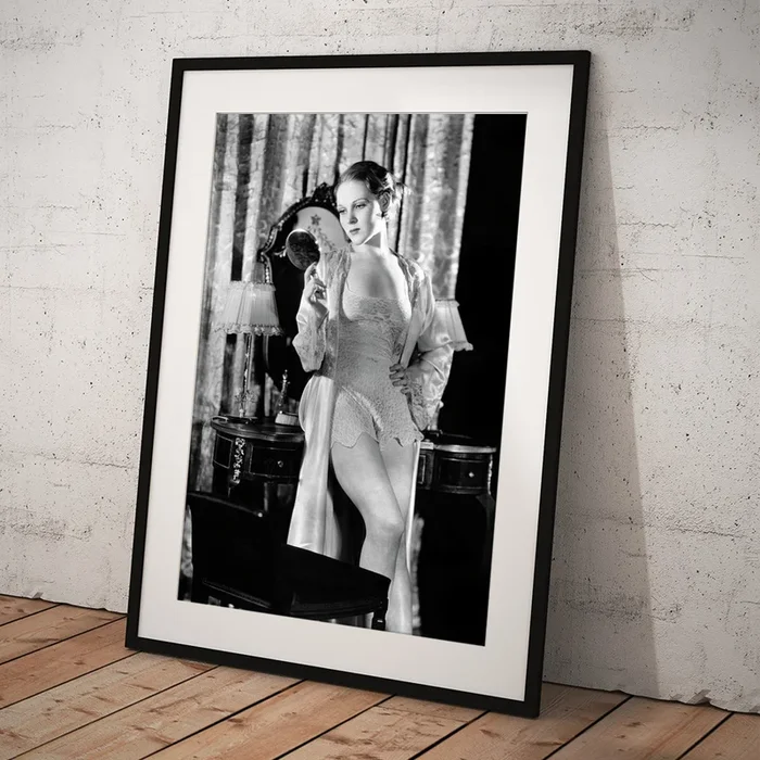 1930s Young Woman In Her Boudoir Wearing Silk And Lace Lingerie Looking Into Hand-held Mirror Art Print