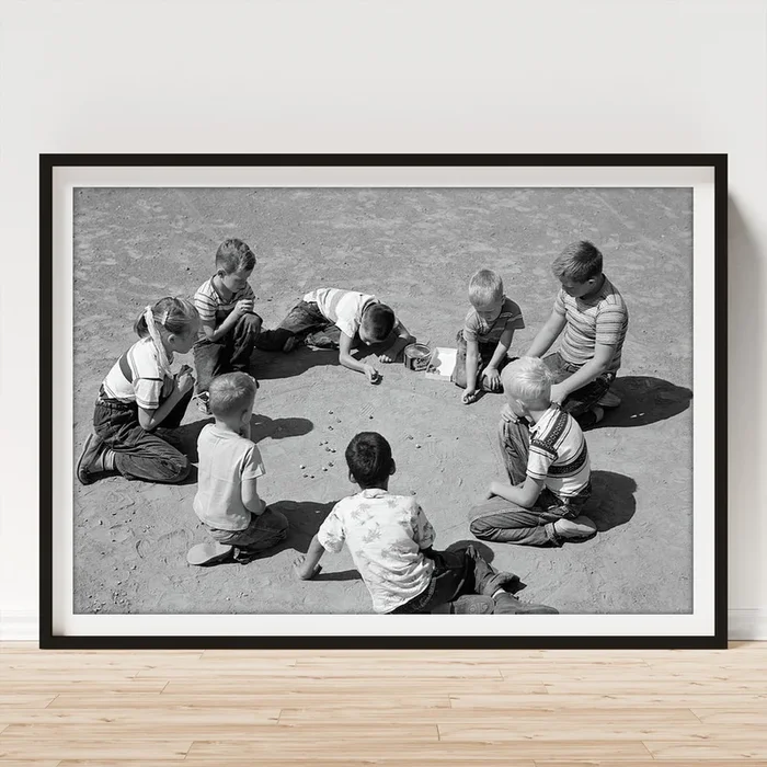 1950s Boys & Girls Shooting Marbles Art Print
