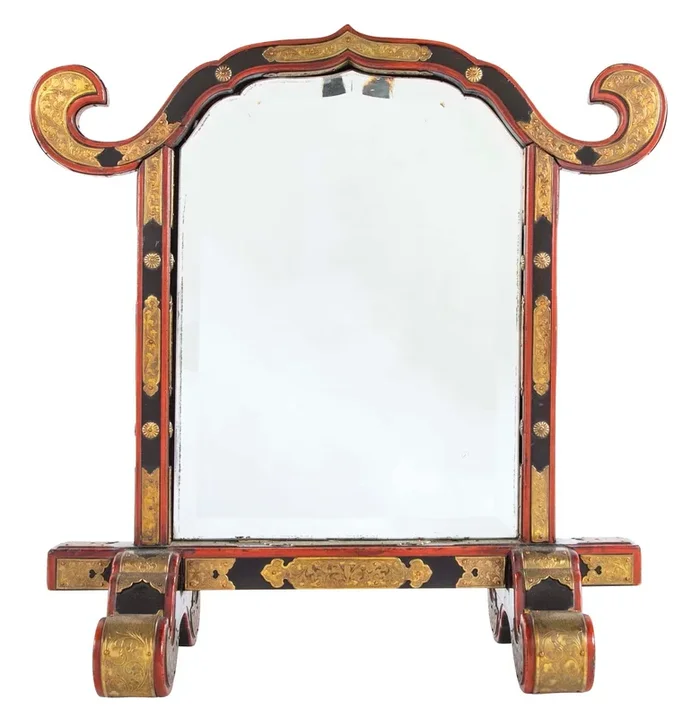 19th Century Japanese Red & Black Lacquer Table Mirror with Gilt Brass Mounts
