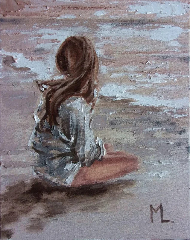 ” YESTERDAYS ” SUN SKY SEA SAND liGHt ORIGINAL OIL PAINTING, GIFT, PALETTE KNIFE (2021) Oil painting by Monika Luniak