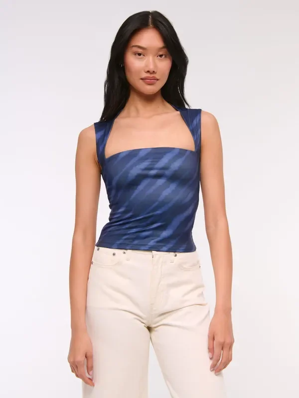Abercrombie & Fitch Blue Zebra Print Seamless Square Neck Top