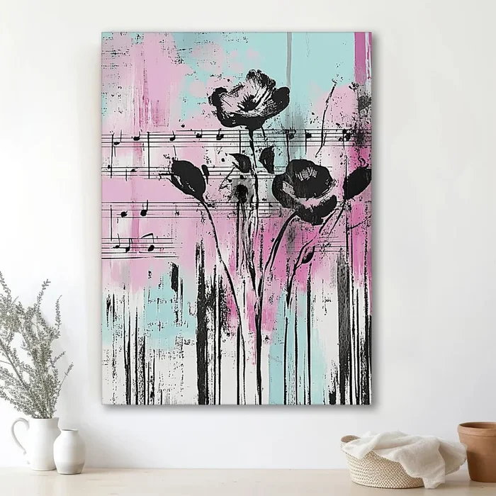 Abstract Floral Art with Musical Notation in Multicolor | Digital Painting On Canvas Stretched on Wood (16×22 Inch)