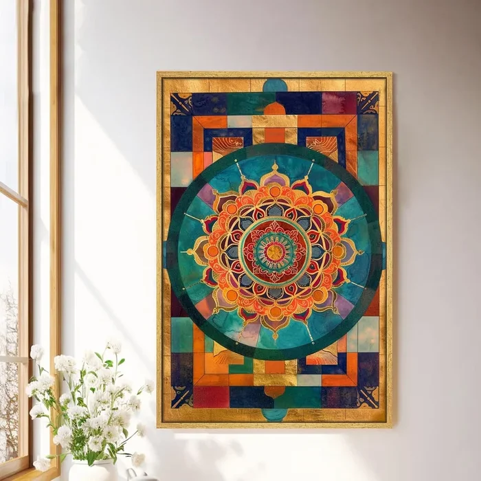 Abstract Multicolor Geometric Mandala Painting with Frame, Framed Canvas Paintings Stretched Canvas Wall Art 22×34 Inch