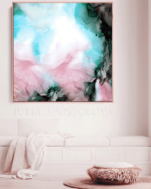Abstract Painting Blush Pink Turquoise Teal Large Canvas Wall Art for Modern or Boho Wall Decor
