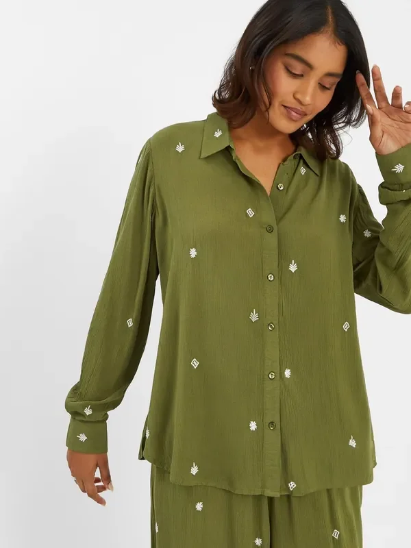 Accessorize Green Embroidered Crinkle Shirt