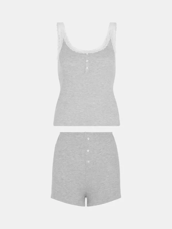 Accessorize Grey Lace Vest Short Pyjamas Set