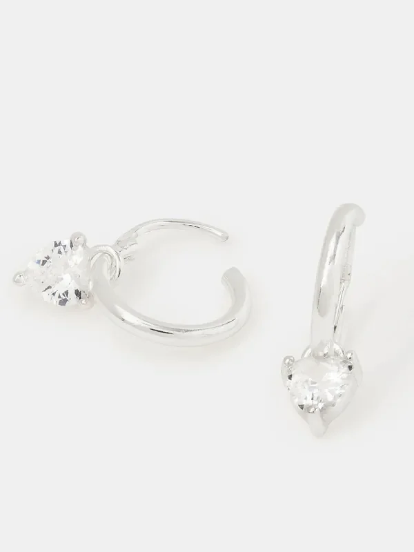 Accessorize Silver Tone Sterling Diamanté Heart Drop Hoop Earrings