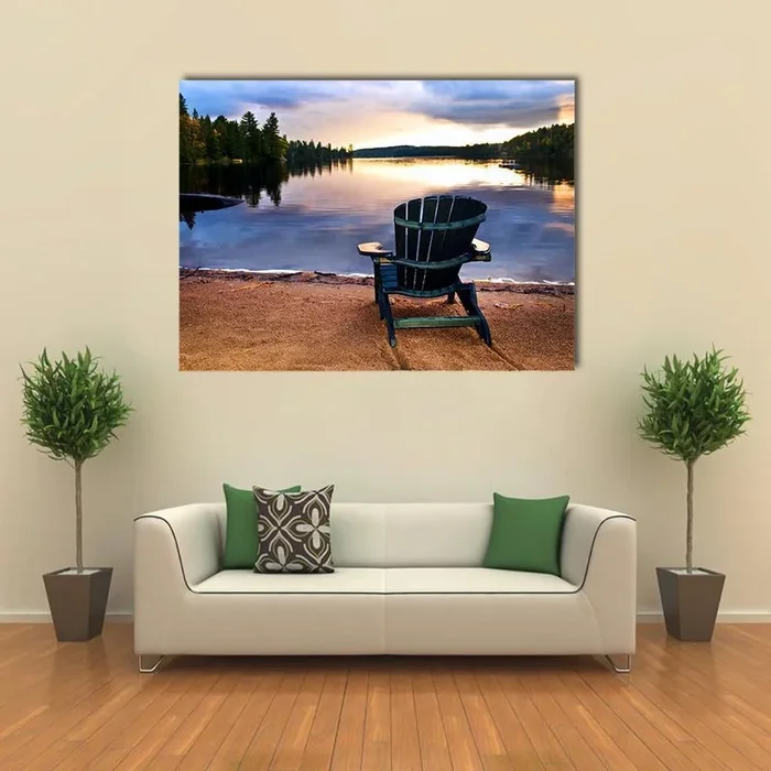 Adirondack Chair on Lake Shore at Sunset Canvas Wall Art