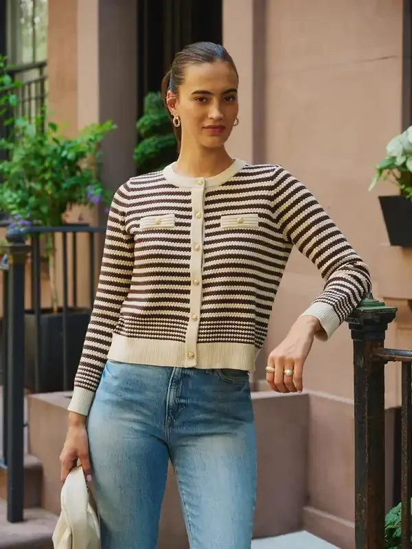 Adrianna Papell White Crew Neck Button Front Striped Pointelle Long Sleeve Sweater