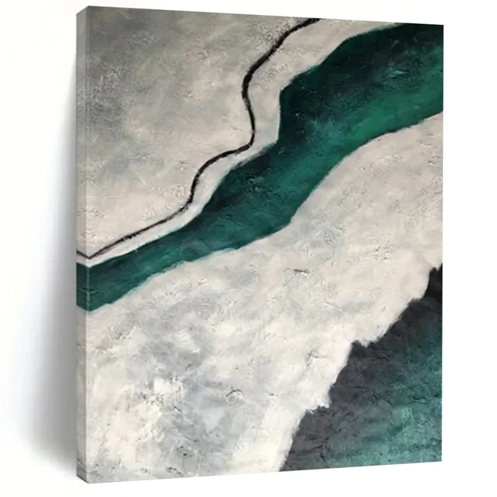 “Aerial River View” – Swirling green river, gray – white land, textured paint DTP403