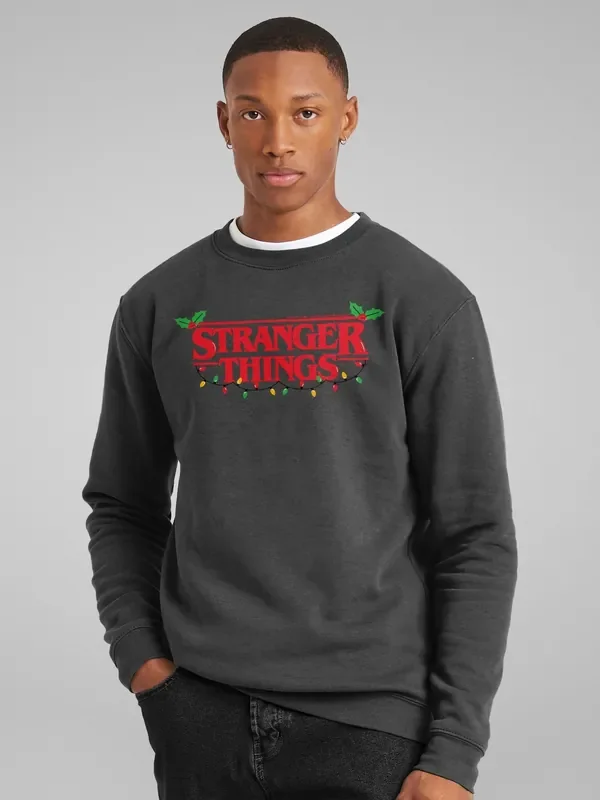 All + Every Grey Stranger Things Christmas Lights & Holly Logo Sweatshirt