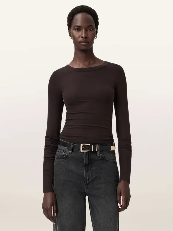 AllSaints Brown Rina Long Sleeve Crew Neck T-Shirt