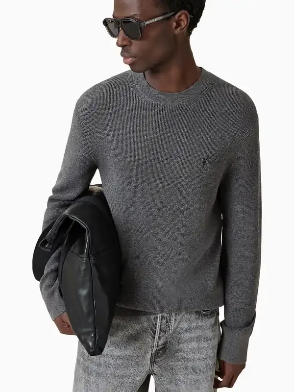 AllSaints MONUMENT GREY Aspen Grey Waffle Texture Crew Neck Jumper