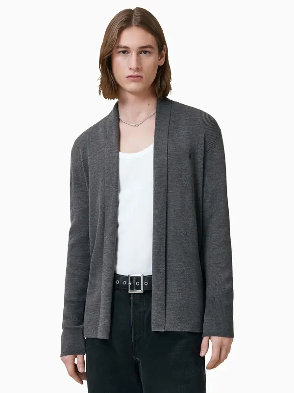 AllSaints Monument Grey Mode Merino Wool Open Cardigan
