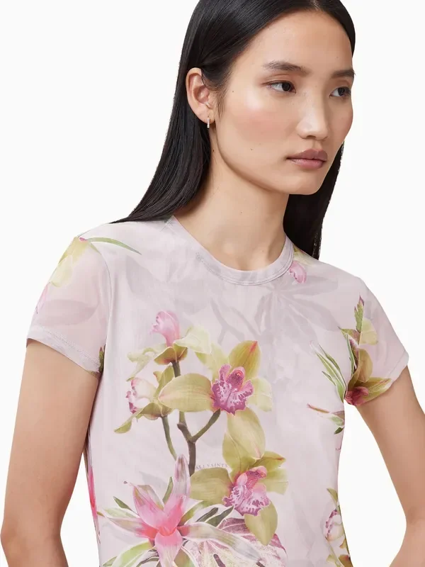 AllSaints Pink Ellie Pink Floral Print Mesh T-Shirt