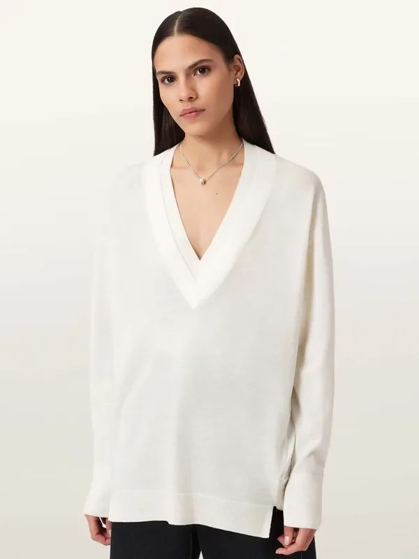AllSaints White Bern Panel V-Neck Jumper