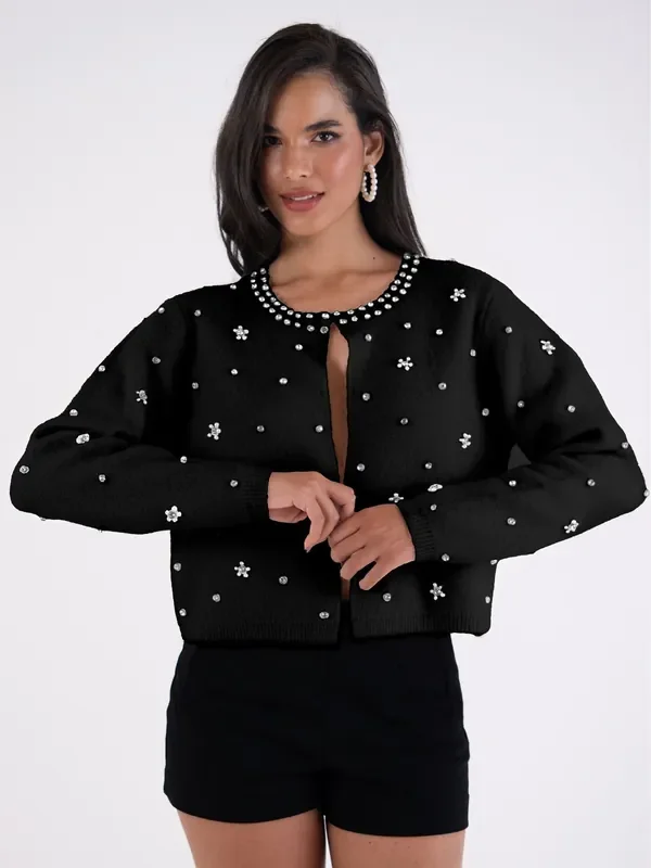 Amy Lynn Black Luna Embellished Knitted Cardigan