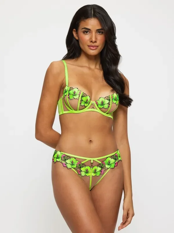 Ann Summers Green Lime Caged Hibiscus Floral Print Embroidery Non Pad Balcony Bra