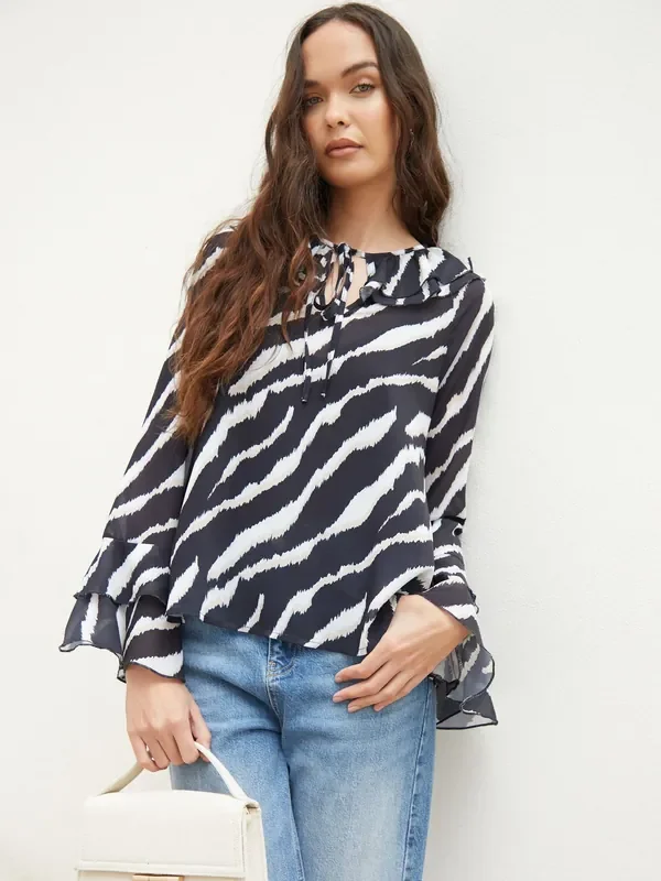 Another Sunday Animal Frill Sleeve Notch Neck Tie Detail Blouse