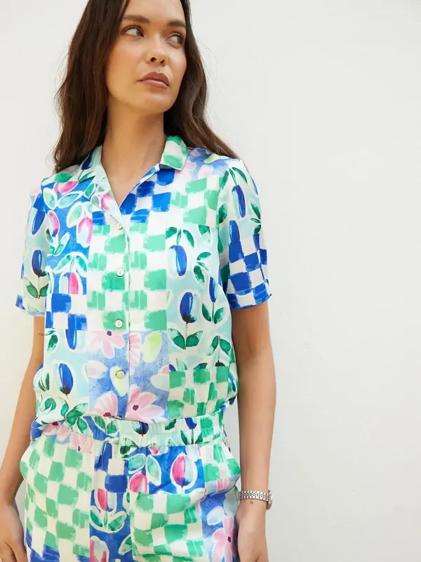Another Sunday Blue Floral Printed Check Satin Shirt