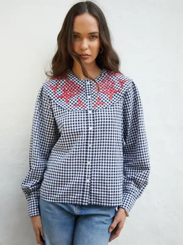 Another Sunday Navy Gingham Gingham Button Through Blouse