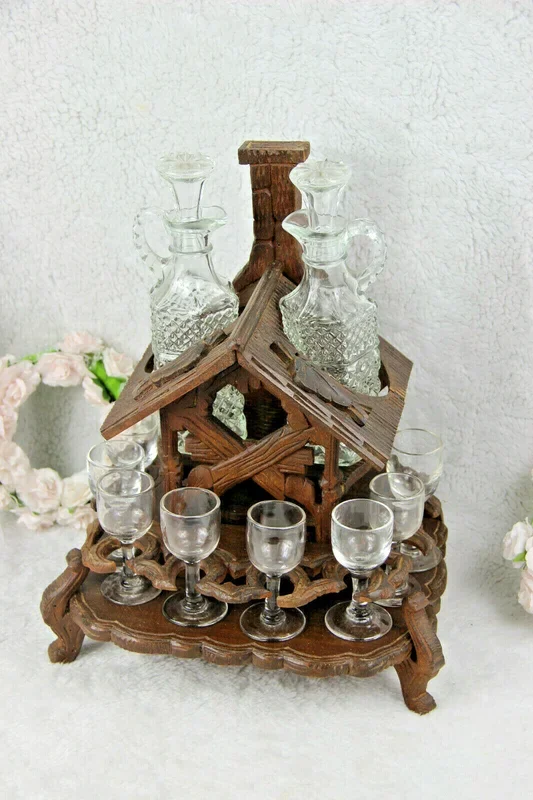 Antique BLACK Forest wood carved bar cave cabinet swiss caraf shot glass