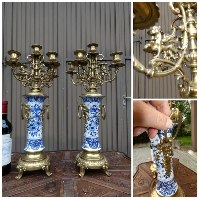 Antique Boch blue white delft pottery brass angels dragons Candelabras rare