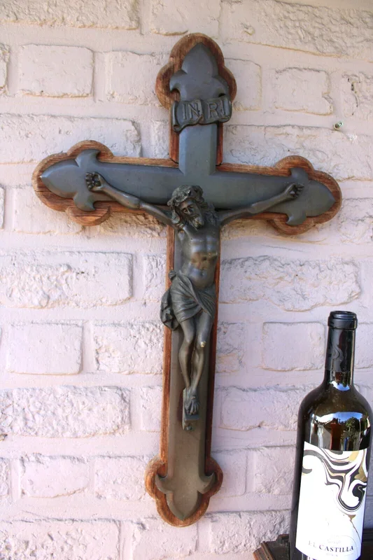 Antique Bronze large crucifix wood back plate