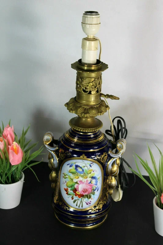 Antique french bayeux porcelain table lamp floral