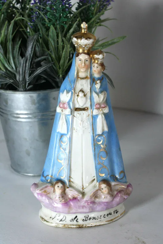 antique French notre dame de bonsecours madonna figurine statue angels