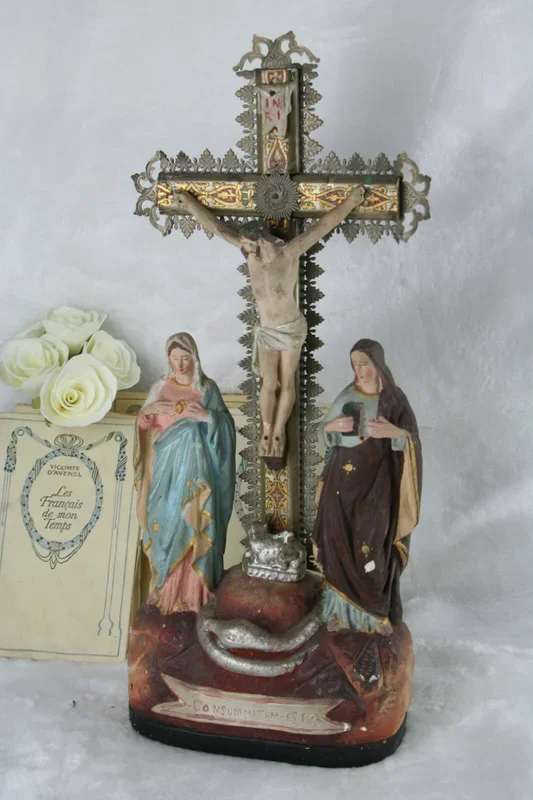 Antique French Plaster chalkware crucifix calvary biscuit Mary MAgdalena Christ