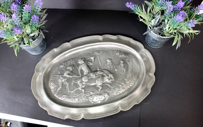 Antique French tin pewter hunting scene dogs attack boar relief decor