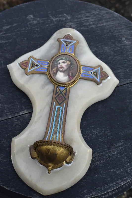 Antique onyx marble crucifix porcelain painting medaillon holy water font inlay
