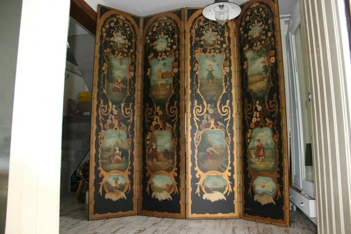 Antique XL French folk art 4 season putti animal Childs hand paint Room screen