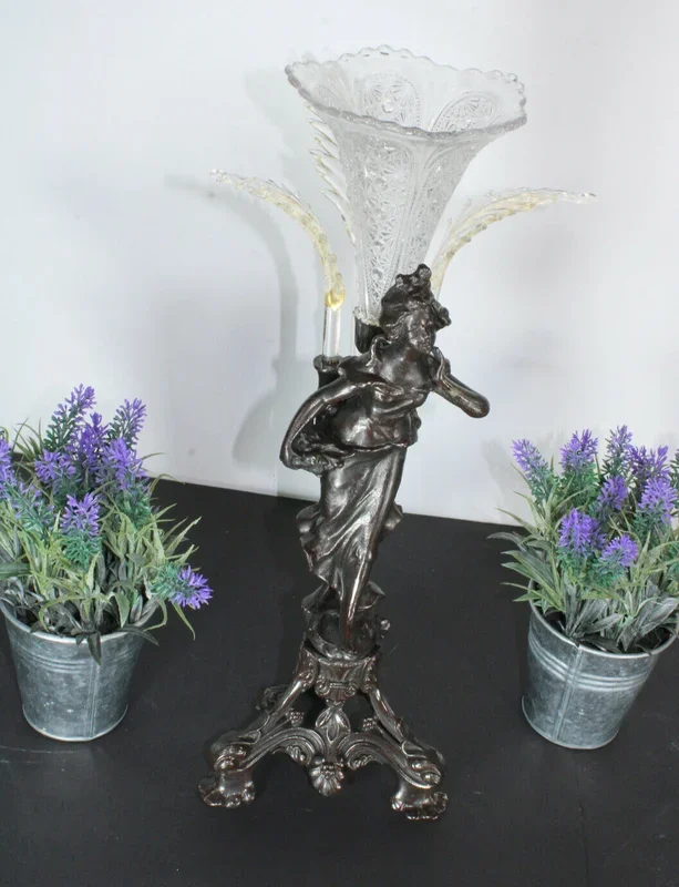 Antique Zamac metal figurine lady Statue glass murano leaf centerpiece rare