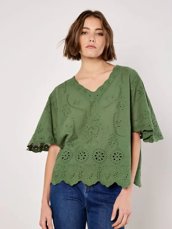 Apricot Green Embroidered 100% Cotton V-Neck Top