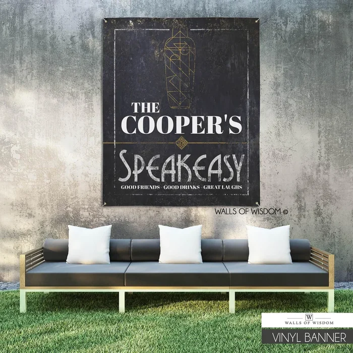 Art Deco Personalized Speakeasy Outdoor Decor Vinyl Sign – Pool and Patio Backyard Decor Cocktail Lounge Wall Art