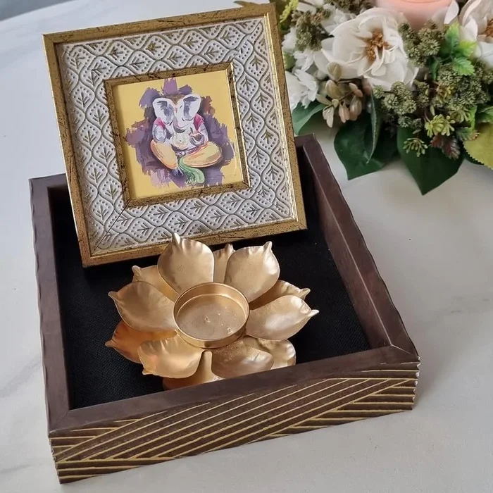 Art Street Diwali Gift Hamper Combo Set, Decorative Gifts Of Love Gift Box, Lotus Design Diya with Table Photo Frame, Diwali Festive Gifting, Cash Box, Shagun, Jewelry Box (Brown, 7.5×7.5×2.3 Inch)