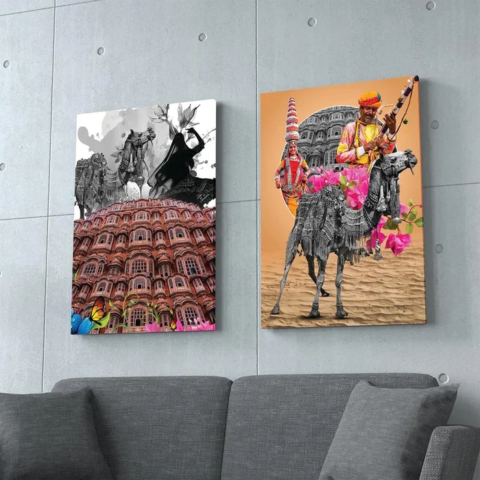 Art Street Stretched On Frame Canvas Painting People and Traditions of Jaipur Art, Abstract Art (Set of 2, Size: 16×22 Inch)
