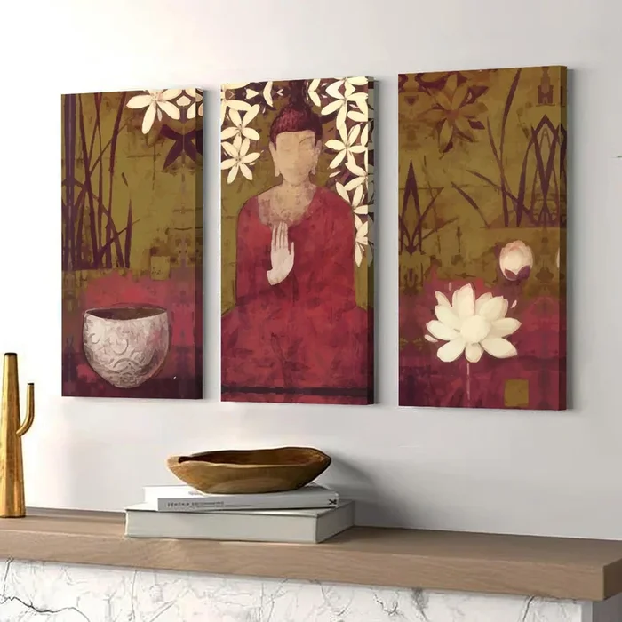 Art Street Stretched on Frame Modern Canvas Wall Art Painting Lord Calm Buddha in Red Choga Art Wall Decor For Home, Bedroom, Office Decoration (Set Of 3, 12×22 Inch)