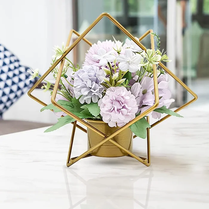 Artificial Plants with Hexagonal Shape Metal Pot Brass Gold Artificial Pots with Flowers ( Size – 7.5 x 8.5 Inch )