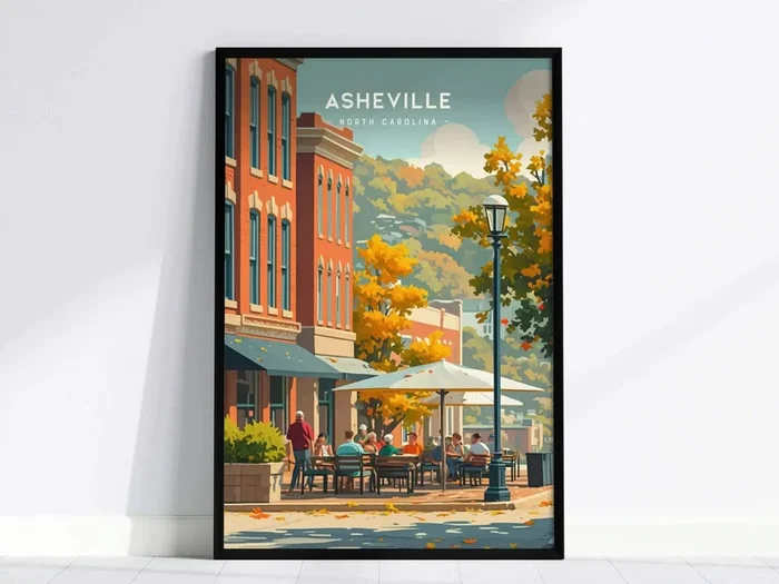 Asheville Downtown Poster | North Carolina Travel Print Wall Art | Framed or Unframed