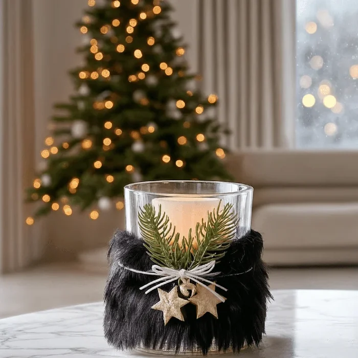 Avery Petite Black Feathered Festive Glass Candle Holder