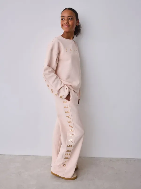Baker by Ted Baker Pink 2 Piece Metallic Side Graphic Sweat & Wide Leg Joggers Set