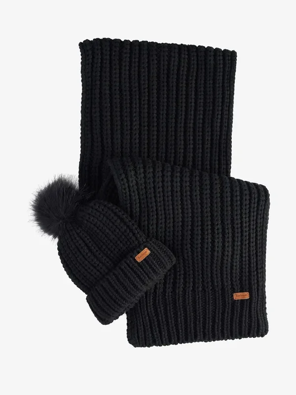 Barbour® Black Saltburn Pom Beanie Hat & Scarf Gift Box Set