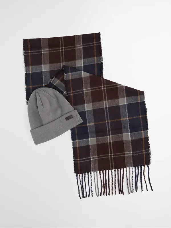 Barbour® Blue Tartan Swinton Beanie Hat & Scarf Gift Box Set