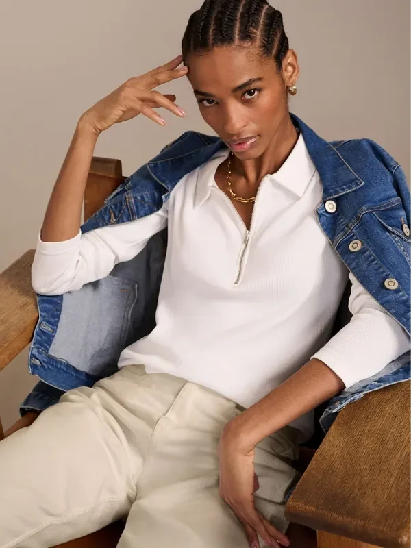 Baukjen Zip Collar Antique 100% Cotton Cream Top
