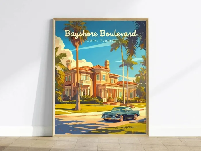 Bayshore Boulevard Tampa Poster | Central Florida Travel Print Wall Art | Framed or Unframed
