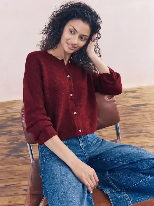 Berry Red Soft Touch Crew Neck Knitted Cardigan With Wool